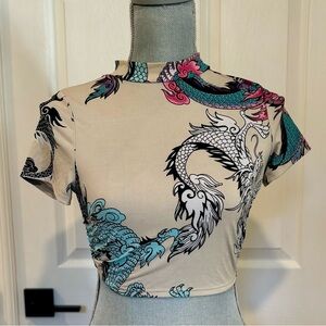G Mini U.S.A. Dragon Print Backless Top Short Sleeve Festival Cropped Size SMALL